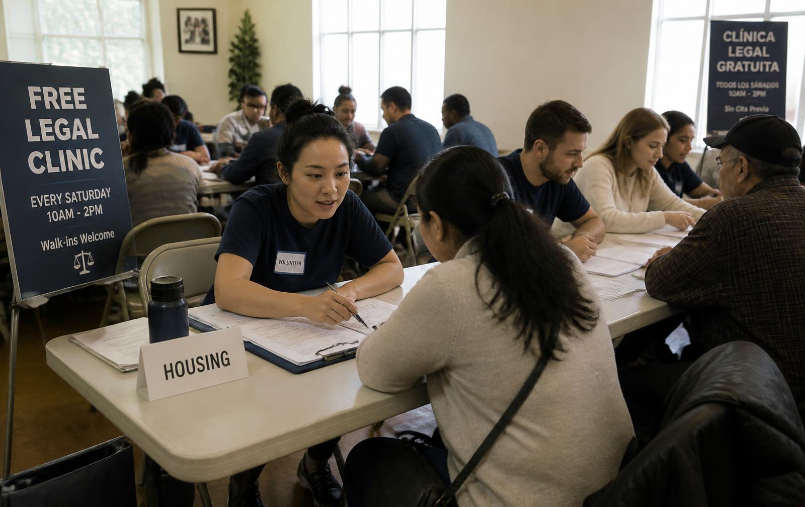 Volunteers helping community members complete forms at a free legal clinic