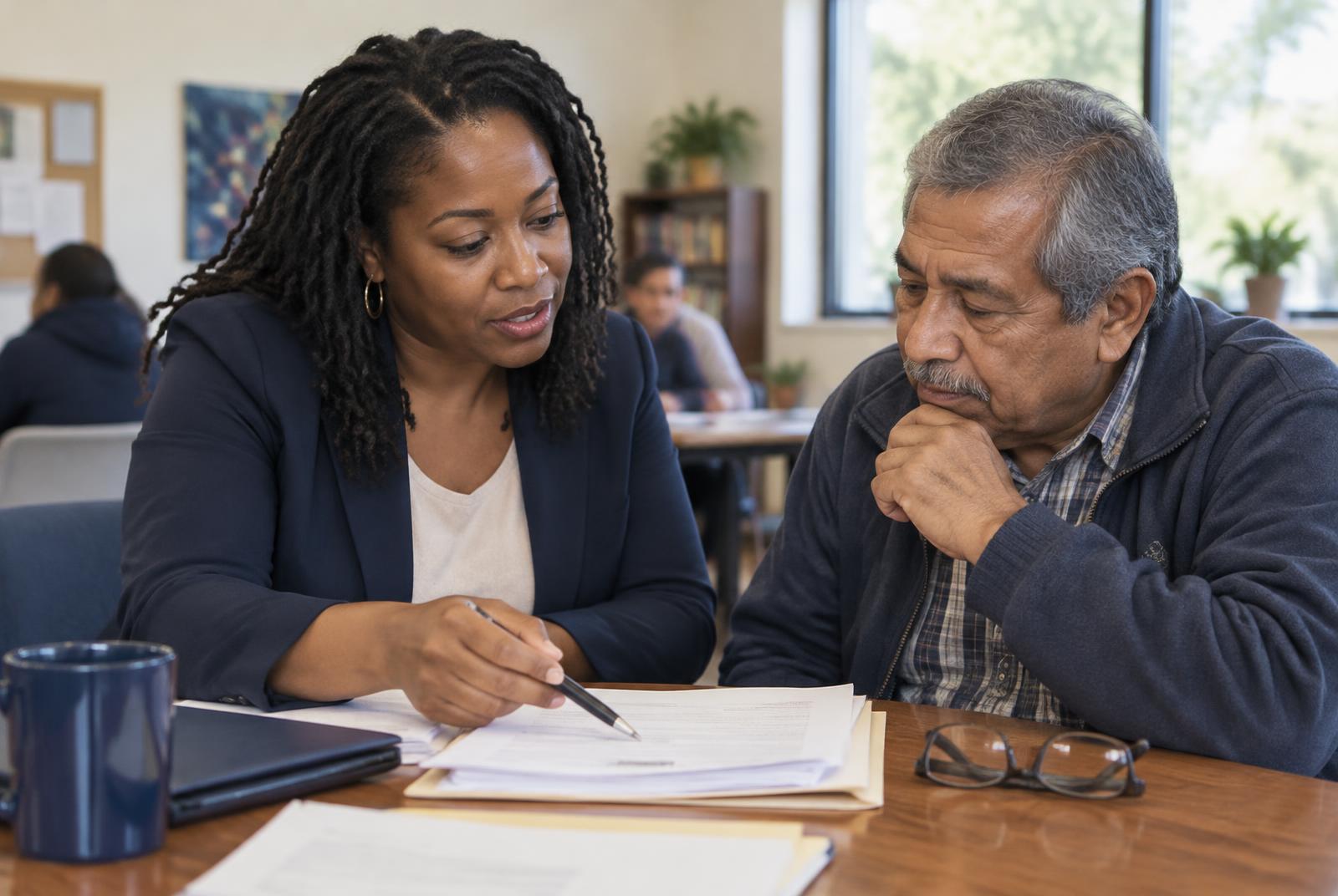 A legal aid attorney carefully explaining documents to a community member