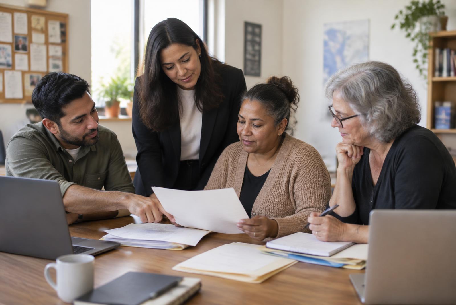 Volunteer lawyers reviewing case notes together at a community legal clinic